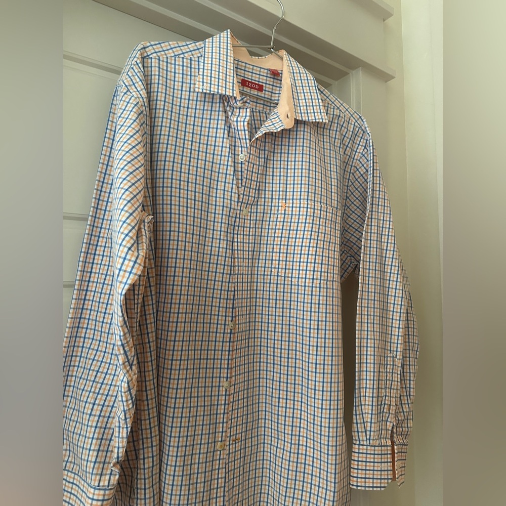 IZOD Men's Orange, Blue, and White Checkered Shirt